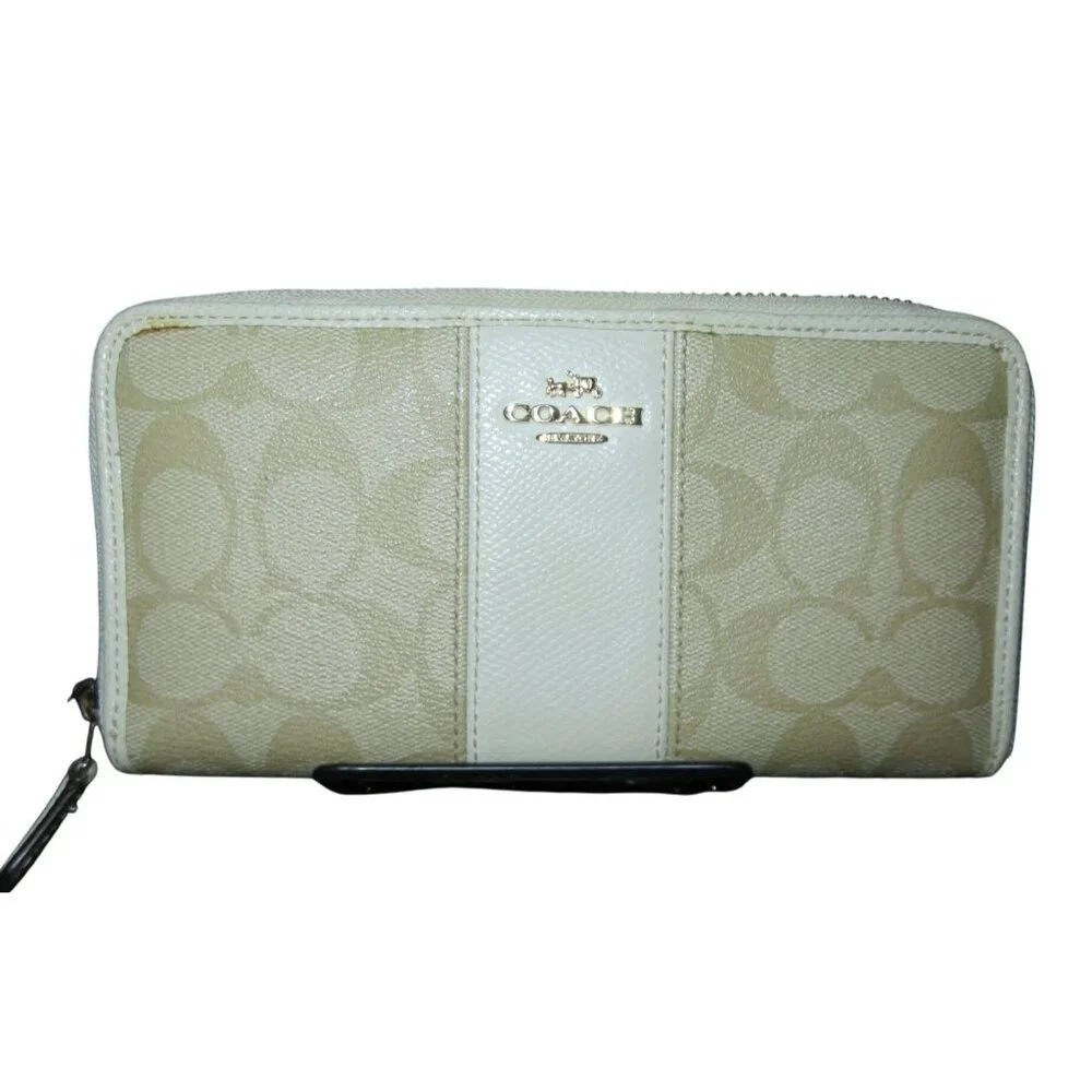 Coach Signature C Leather Zip Around Accordion Long Wallet Khaki & Bone F52859